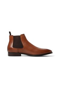 Botas Chelsea de cuero marrón con paneles laterales elásticos, una pestaña para facilitar su colocación y un diseño elegante con punta redondeada y tacón bajo.