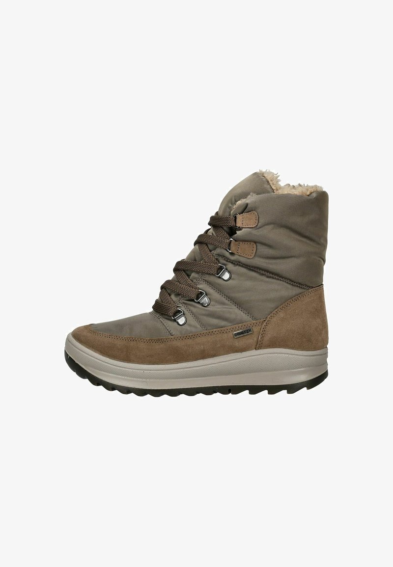 Botas de tobillo impermeables marrones con un cuello textil acolchado, parte superior de ante y textil, cierre de cordones en la parte delantera y suela de goma texturizada.