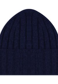 Czapka dzianinowa w ciemnoniebieskim kolorze, o prążkowanej fakturze z zaokrągloną górą, zaprojektowana dla ciepła i komfortu. Bez ozdób ani wzorów.