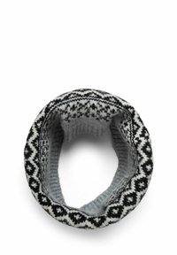 Megztas apvalus šalikas pilkos, juodos ir baltos spalvų. Krašte turi geometrinį raštą, o vidinė pusė yra minkšta.