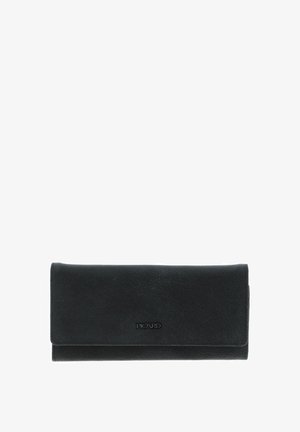 Portefeuille en cuir noir à finition texturée, design pliable et accent de logo métallique. Forme compacte et rectangulaire.