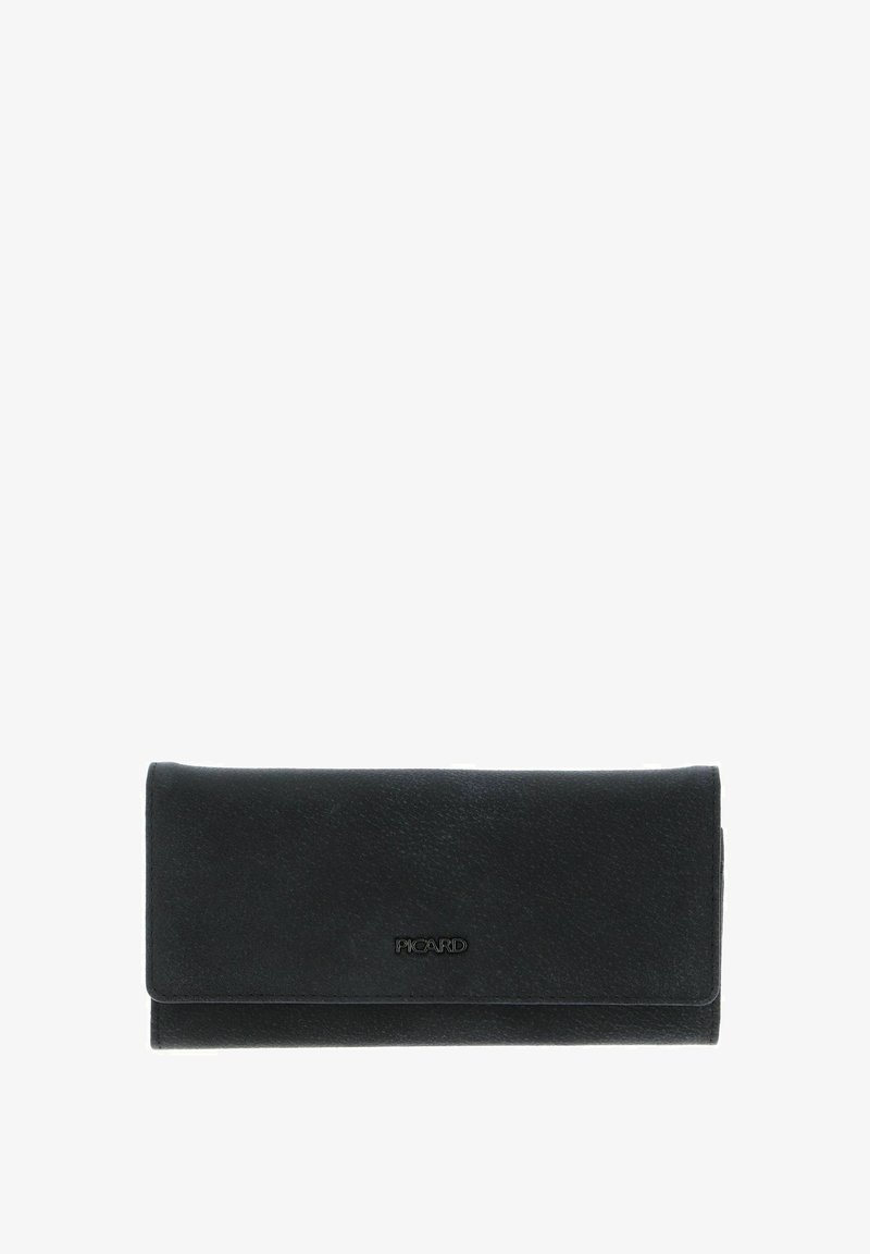 Portefeuille en cuir noir à finition texturée, design pliable et accent de logo métallique. Forme compacte et rectangulaire.