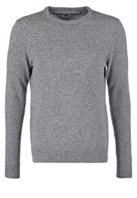 Pull gris en maille avec col rond, manches longues, et poignets et ourlet côtelés.