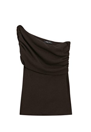 Haut noir à une épaule avec fronces, col drapé et étiquette Massimo Dutti à l'intérieur du col.