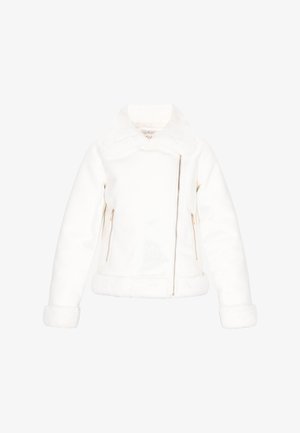 Giacca bianca foderata in faux fur con zip asimmetrica e tasche laterali con zip, dotata di ampio colletto e rifiniture in pelliccia sui polsini e sull'orlo.