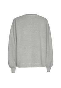 Grauer Pullover mit langen Ärmeln, rundem Halsausschnitt und gerippten Bündchen. Weicher Stoff, lässige Passform und keine sichtbaren Marken oder Muster.