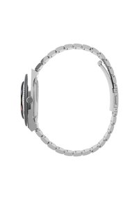 Reloj de acero inoxidable plateado con una esfera redonda, un bisel liso y una pulsera de eslabones. La vista lateral muestra su perfil plano y acabado pulido.