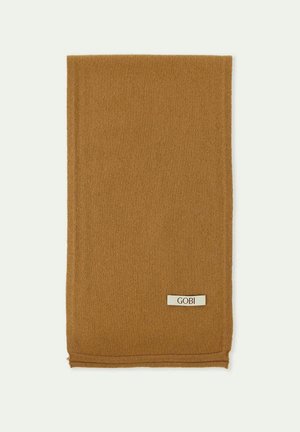Brauner Schal aus weichem, strukturiertem Stoff. Hat ein kleines Etikett mit "GOBI", das am unteren Rand angenäht ist. Rechteckige Form mit sauberen Kanten.