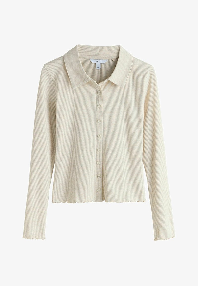 Beige geribbelde cardigan met lange mouwen, een kraag, een geschulpte zoom en een knoopsluiting aan de voorkant. Zachte textuur en lichtgewicht stof.