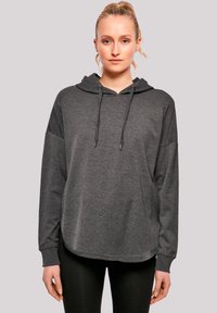 Dark gray pullover hoodie with a kangaroo pocket, drawstring hood, and long sleeves. Soft texture and relaxed fit with rounded hemline.