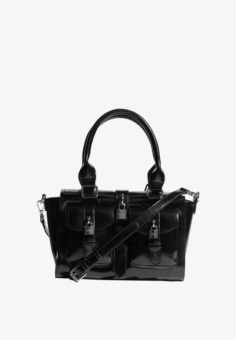 Black leather handbag with dual handles, adjustable shoulder strap, two front pockets, and silver padlock closures on each pocket and center flap.