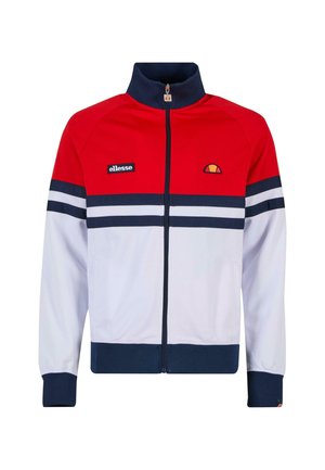 Chaqueta de chándal con parte superior roja, parte inferior blanca, rayas azul marino en el pecho y las mangas, cuello y puños azul marino, cremallera frontal y logotipos de Ellesse en el pecho.
