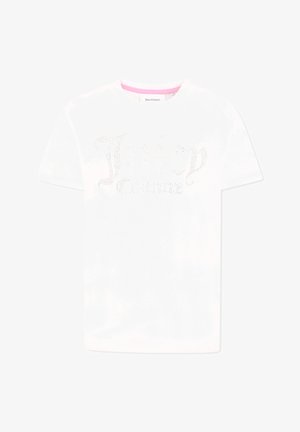 T-shirt bianco in cotone a maniche corte con un logo in strass argentati "Juicy Couture" sul davanti. Collo rotondo con dettagli rosa all'interno.