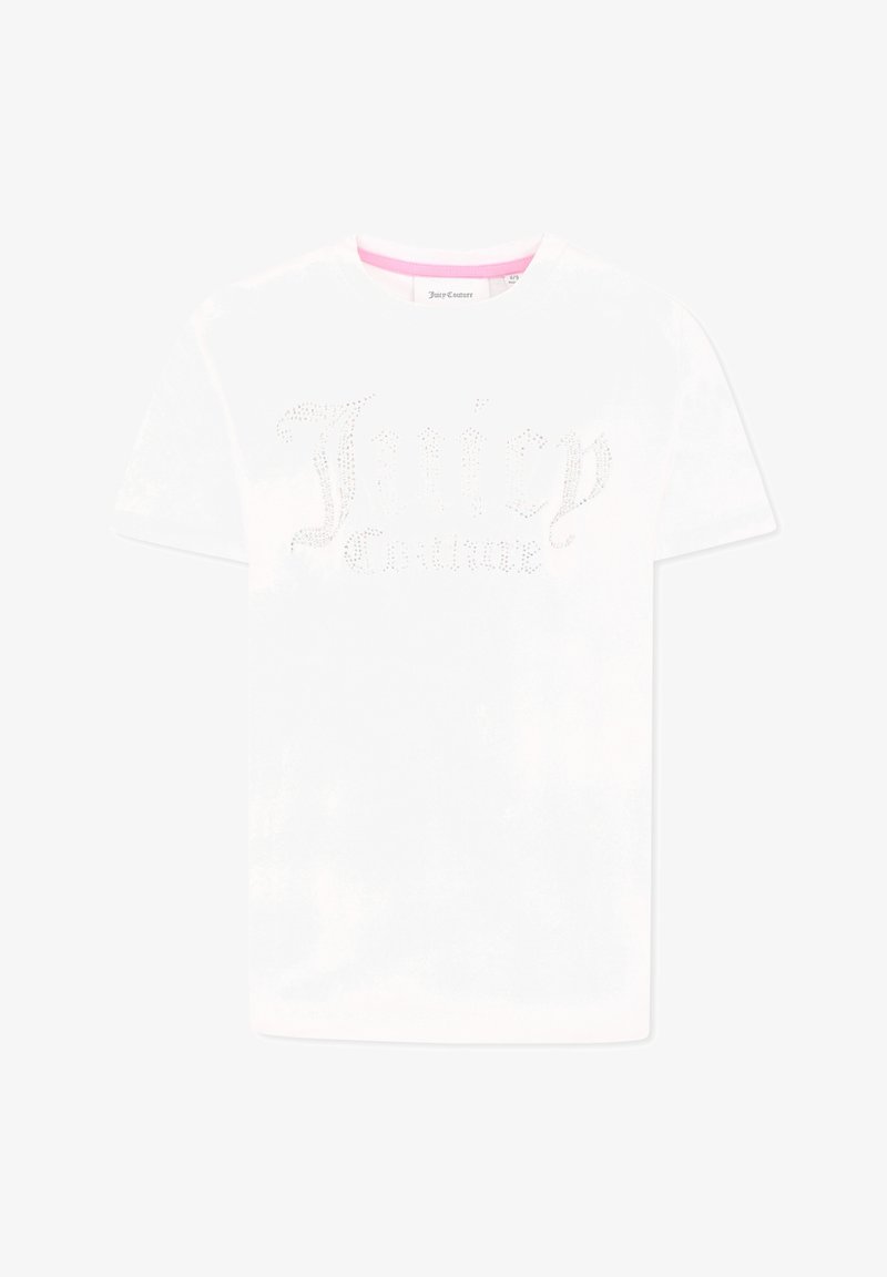 T-shirt bianco in cotone a maniche corte con un logo in strass argentati "Juicy Couture" sul davanti. Collo rotondo con dettagli rosa all'interno.