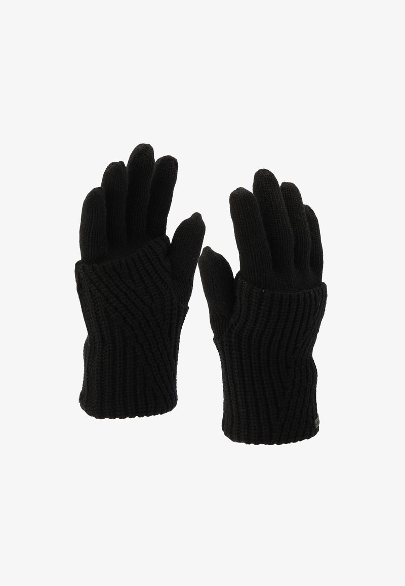 Gants tricotés noirs avec une texture côtelée, doigts complets et design à trou pour le pouce, présentant une apparence simple et fonctionnelle.