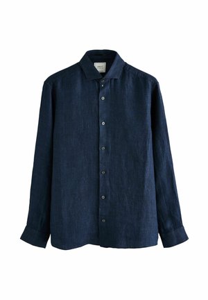 Navy blue linen shirt with long sleeves, a button-down collar, and six front buttons. Soft texture with a slightly textured finish.