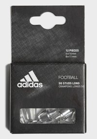 Crna ambalaža koja sadrži 12 srebrnih nogometnih klinova, označenih dimenzijama 4x14mm i 8x11mm, sa bijelim Adidas logotipom.
