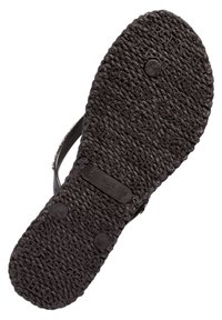 Sole di sandalo nera con texture, caratterizzata da motivi intrecciati, due impugnature circolari e informazioni di taglia stampate, comprese le taglie US ed EU.