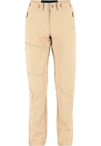 Beige buitenbroek met een rechte pasvorm, voorzien van rits- en klepzakken, versterkte kniestukken en een soepele synthetische textuur.