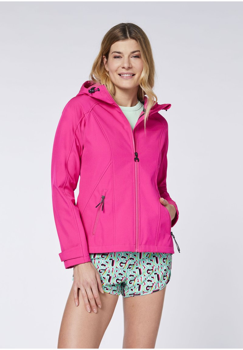 Bright pink jacket with a hood, zippered front, and two side pockets. Features adjustable drawstrings and a smooth, lightweight fabric.