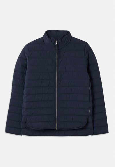 Navy puffer jacket with a high collar, horizontal quilted pattern, full-length zipper, and side hem slits for ease of movement.