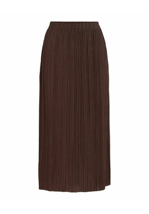 Bruine geplooide midi-rok met elastische tailleband, rechte snit, lichtgewicht stof en verticale textuur.