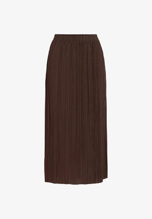 Bruine geplooide midi-rok met elastische tailleband, rechte snit, lichtgewicht stof en verticale textuur.