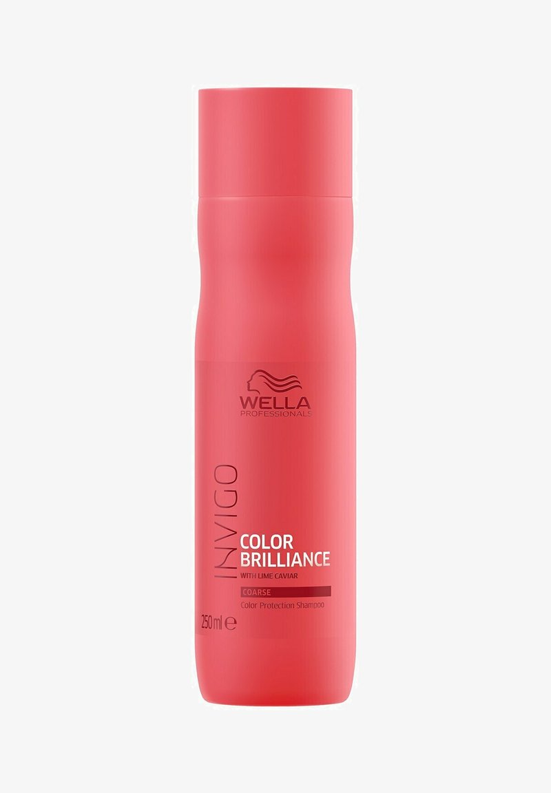 Roze plastic shampoofles met een ronde vorm, gelabeld "Wella Professionals" en "Color Brilliance," met een inhoud van 250 ml, ontworpen voor dik haar.
