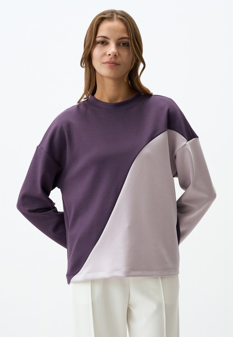 Felpa viola e grigia chiara con un design a spacco diagonale, texture morbida, colletto a girocollo e vestibilità rilassata. Impostata su uno sfondo semplice.