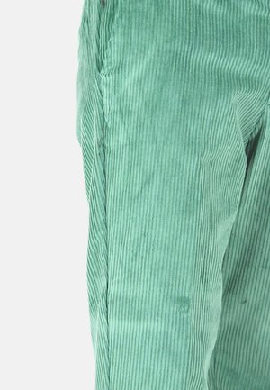 Pantaloni in velluto a coste verde con righe verticali, design aderente e cuciture visibili lungo il lato. Leggera variazione di texture notata.