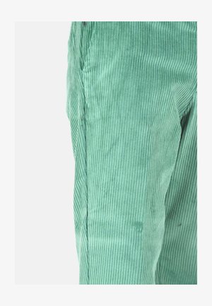 Pantaloni in velluto a coste verde con righe verticali, design aderente e cuciture visibili lungo il lato. Leggera variazione di texture notata.