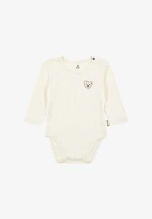 Body a maniche lunghe color crema con texture a coste, con ricamo di una faccia di orso e bottoni a pressione sulla spalla e sul fondo.