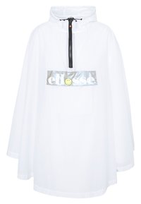 Vitt vattentätt hoodie med huva, med en svart dragkedja och en reflekterande silverpanel med logotyp och smiley-ansikte på framsidan.