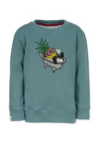 Turkos sweatshirt med långa ärmar och ribbade manschetter. Har en tecknad ananas i ett badkar, iförd rosa solglasögon och omgiven av bubblor.
