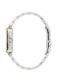 Strieborné nerezové hodinky s obdĺžnikovým puzdrom so zlatými akcentmi, prepojeným remienkom a lesklým povrchom. Na korunke sa nachádza logo.