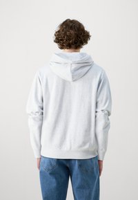 Grijze katoenen hoodie met een trekkoord in de capuchon, ribgebreide manchetten en zoom, gecombineerd met blauwe spijkerbroek, getoond vanuit de achterkant.