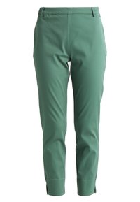 Pantalons green ajustés avec une texture lisse, coupe slim et longueur cheville. Présentent une taille traditionnelle et des poches avant discrètes.
