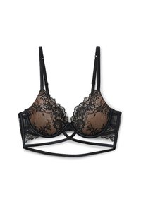 Sostenedor de encaje negro con copas acolchadas, patrón floral transparente y tirantes decorativos. Presenta un diseño entrecruzado en la parte delantera y tirantes ajustables.