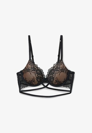 Schwarzer Spitzen-BH mit gepolsterten Cups, transparentem Blumenmuster und dekorativen Trägern. Besitzt ein Kreuzdesign an der Vorderseite und verstellbare Träger.