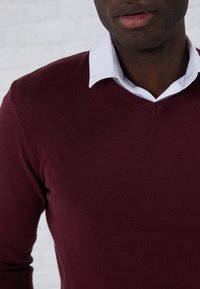 Pull bordeaux à col en V, fabriqué en matériau doux, superposé sur une chemise blanche à col. Texture lisse et coupe ajustée.