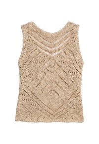 Beige gebreide tanktop met een geometrisch opengewerkt patroon, voorzien van een ronde halslijn en zonder mouwen. De gestructureerde garen zorgt voor een lichtgewicht gevoel.