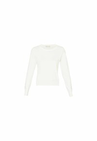 Biały sweter dziany z długimi rękawami, okrągłym dekoltem, ściągaczowymi mankietami i dołem. Na rękawie znajdują się guziki jako dodatkowy detal.