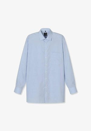 Helles blaues Langarmhemd aus einem Stoff mit feiner Textur, mit einer Knopfleiste vorne und einer einzelnen Brusttasche.