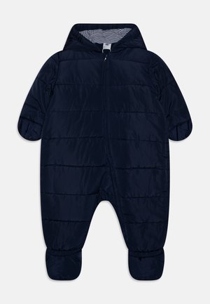 Granatowy pikowany kombinezon zimowy z kapturem, zapinany na zamek z przodu, z elastycznymi mankietami i paskowanym podszewką wewnętrzną. Gładki nylonowy materiał, pikowany wzór.