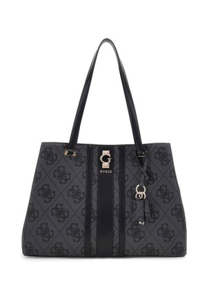 Dunkelgraue Guess-Shopper-Tasche mit schwarzem Monogramm-Muster, schwarzen vertikalen Streifen, doppelten Griffen und silbernem "G"-Logo mit Schlüsselanhänger.