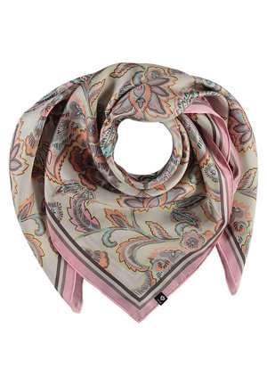 Kwadratowa jedwabna chusta z pastelowym kwiatowym wzorem paisley w odcieniach różu, szarości, niebieskiego i beżu, złożona w kształt koła.