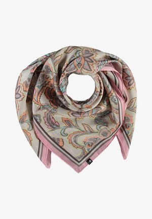 Carré en soie avec motif cachemire floral pastel en tons de rose, gris, bleu et beige, plié en forme circulaire.