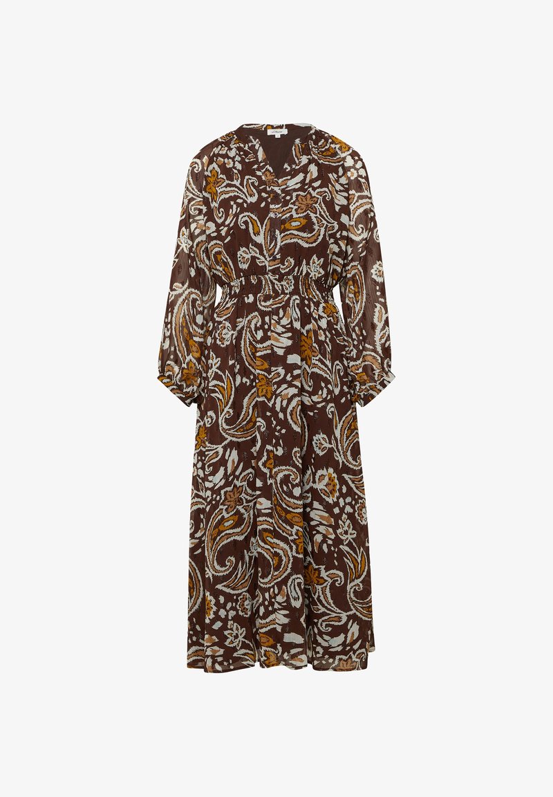 Lang, bruin gemêleerd jurkje met een V-hals, lange mouwen en een elastische taille. Bevat witte en oranje bloemmotieven. Lichtgewicht stof.