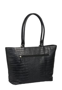 Zwarte krokodillenembossed tote bag met twee lange handvatten, voorzien van een voorzak met rits en een gestructureerd oppervlak voor extra detail.