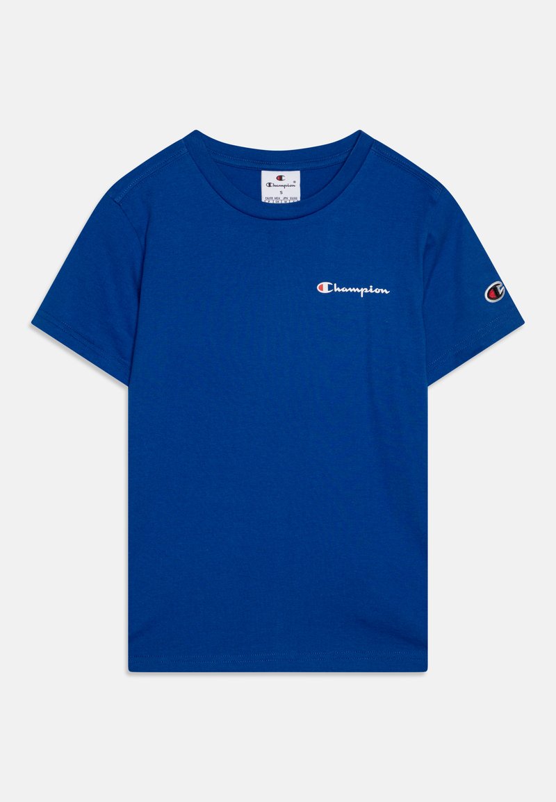 T-shirt en coton bleu avec un col rond, des manches courtes et un petit logo blanc "Champion" sur le devant et la manche.